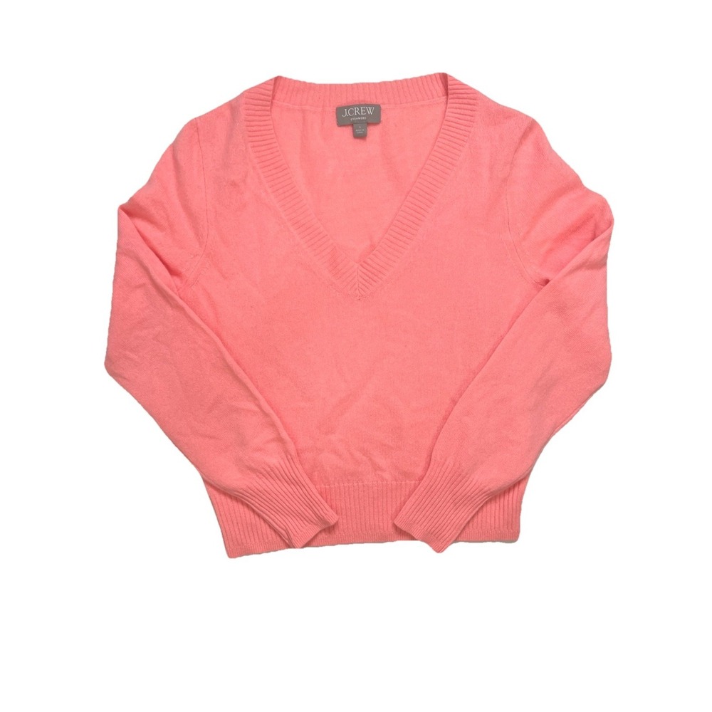 J. Crew 100% Cashmere Cropped V-Neck Sweater Coral S Lightweight Long Sleeve